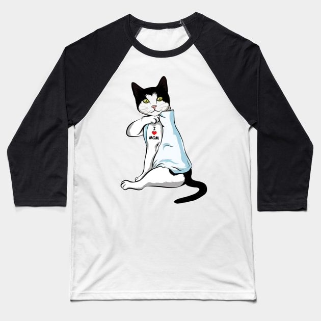 Cat Tattoo I Love Mom Baseball T-Shirt by Buleskulls 